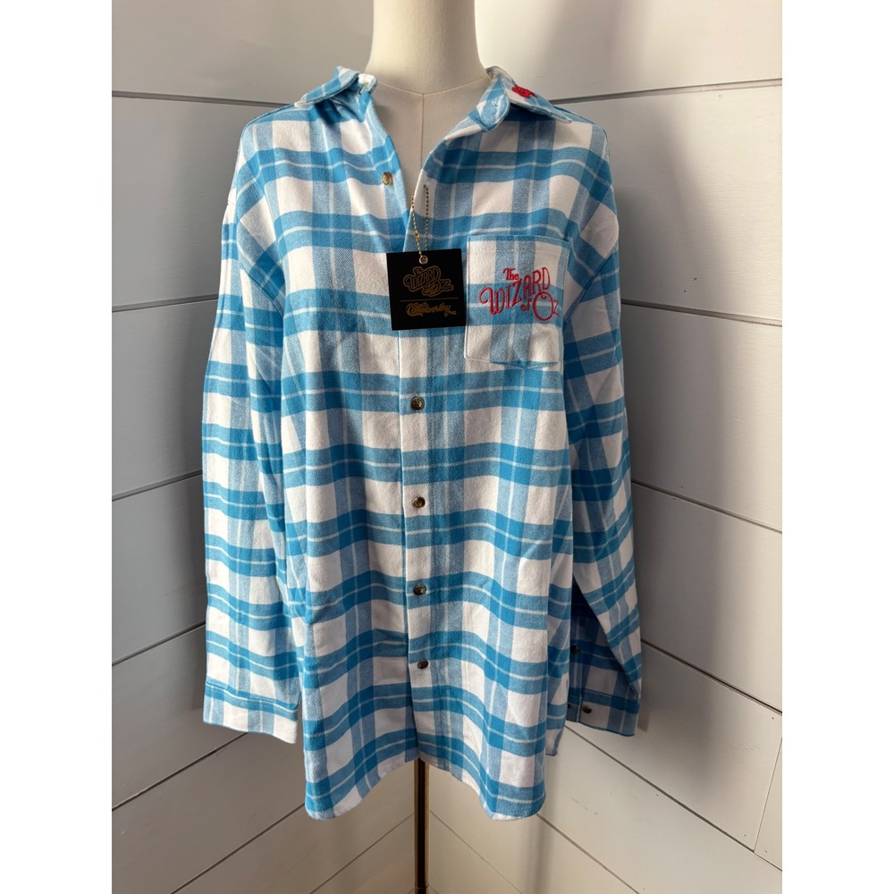 Cakeworthy Wizard of Oz Flannel Shirt Women XL Blue Plaid No Place Like Home
